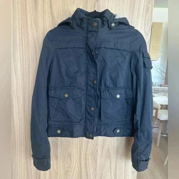 AE Navy Blue Crop Jacket Mock Neck Full Zip Snap women’s Small American Eagle - Picture 1 of 10